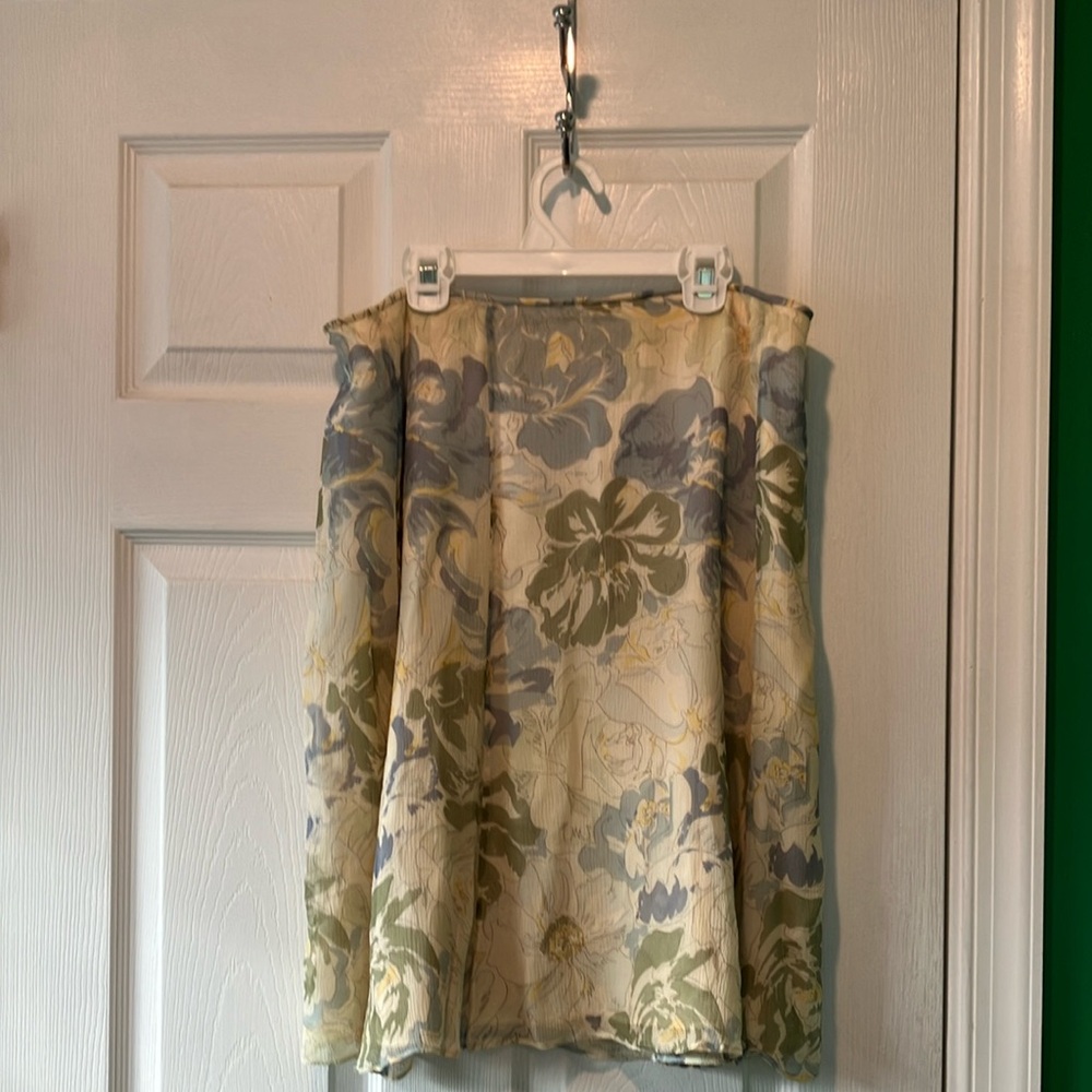 Pure 100% silk Talbots petites floral skirt 12p blue cream quiet luxury